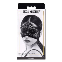 Lace blindfold packaging with 'Sex & Mischief' branding on a white background