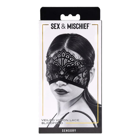 Lace blindfold packaging with 'Sex & Mischief' branding on a white background
