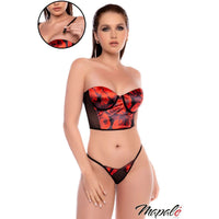 Mapalé Velvet Floral Print 2PC lingerie set with red floral longline bra and matching black mesh thong.