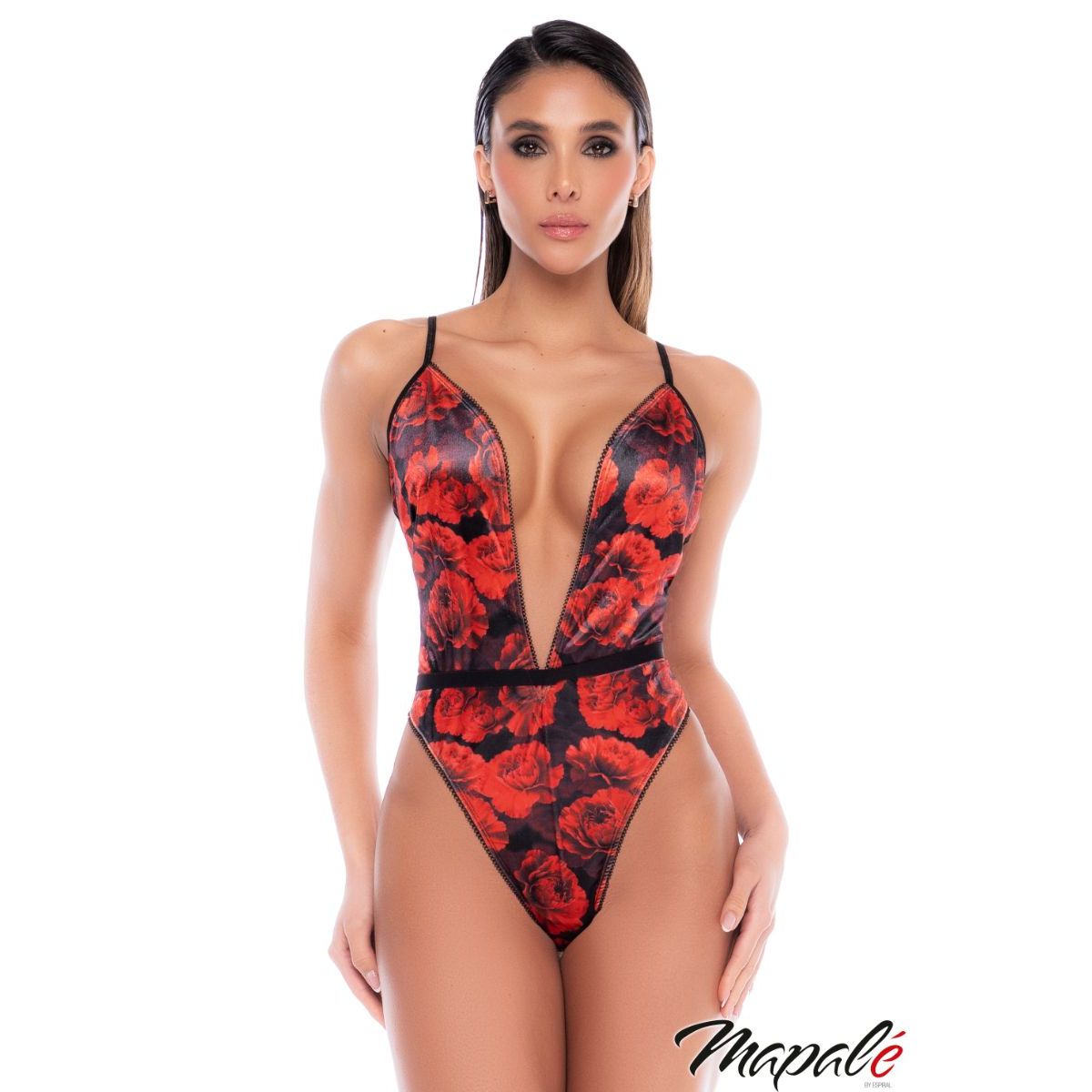model wearing a velvet floral red & black teddy with mapale branding