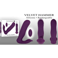 three rotated views of a purple L shaped vibrator with a ribbed thrusting tip and a bumped and flared clitoral vibrator. It has a white and purple remote and is shown next to its white display box