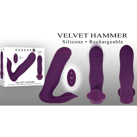 three rotated views of a purple L shaped vibrator with a ribbed thrusting tip and a bumped and flared clitoral vibrator. It has a white and purple remote and is shown next to its white display box