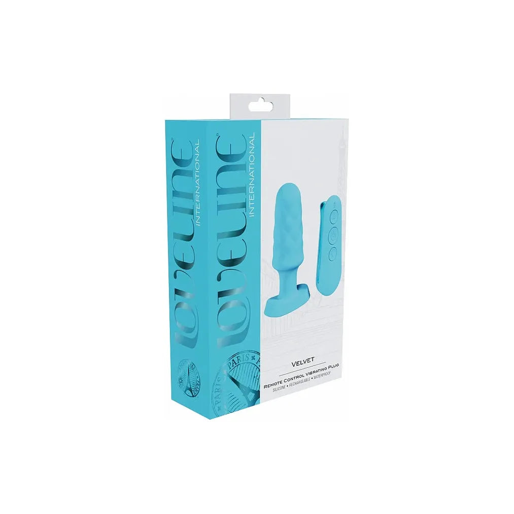 rounded vibrating anal plug with remote control, on box packaging, in blue