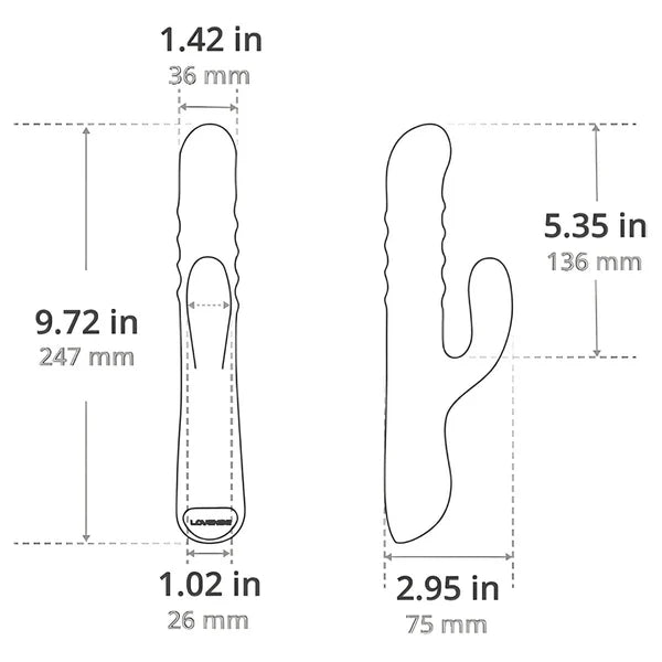Measurement chart of a product with dimensions labeled in both inches and millimeters.