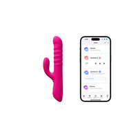 Pink LOVENSE velvo beaded g-spot & clit rabbit vibrator next to a smartphone displaying an app interface.