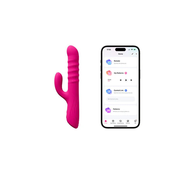 Pink LOVENSE velvo beaded g-spot & clit rabbit vibrator next to a smartphone displaying an app interface.