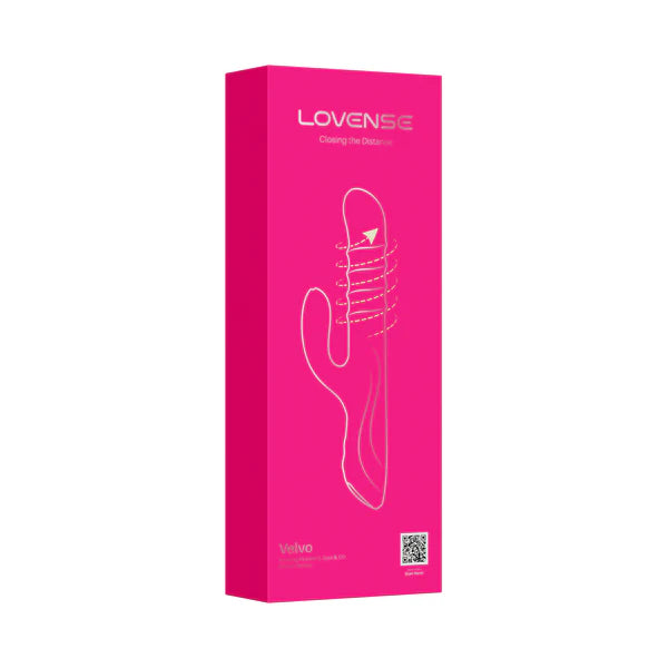 Pink packaging box for LOVENSE velvo beaded g-spot & clit rabbit vibrator product on a white background