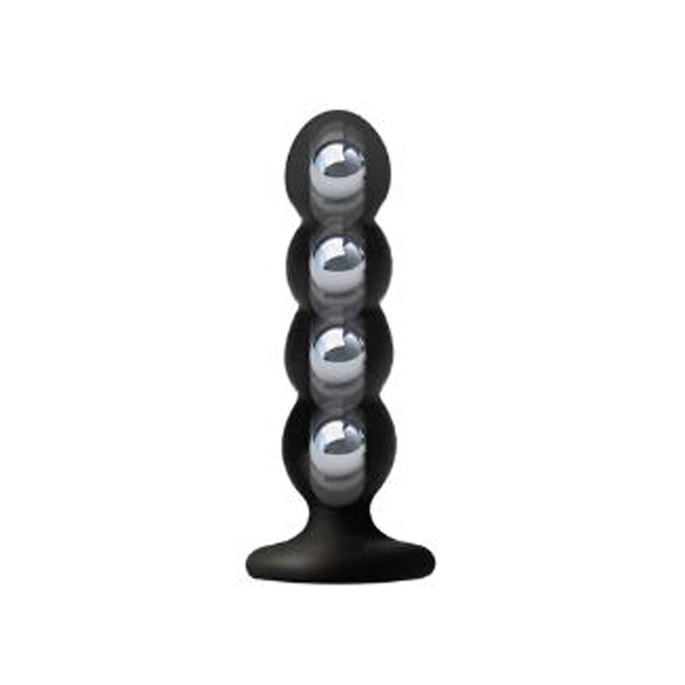 A black silicone adult novelty product with four stacked, rounded, beaded segments ending in shiny silver metallic tips, shown on a plain white background.