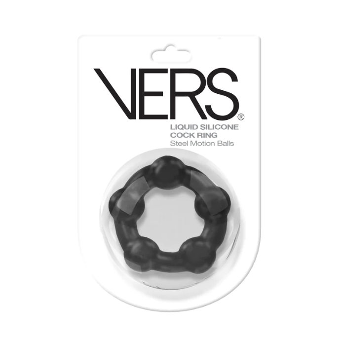 Black liquid silicone cock ring with 'VERS' branding on a white background