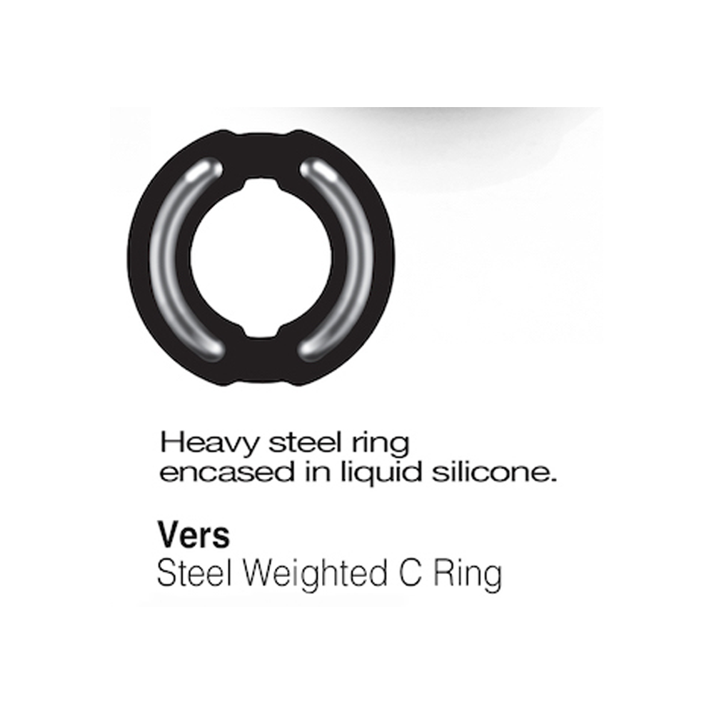 Heavy steel ring encased in liquid silicone on a white background with product name 'Vers Steel Weighted C Ring'.