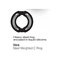 Heavy steel ring encased in liquid silicone on a white background with product name 'Vers Steel Weighted C Ring'.