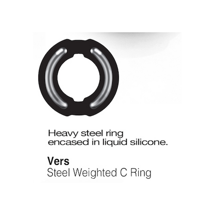 Heavy steel ring encased in liquid silicone on a white background with product name 'Vers Steel Weighted C Ring'.