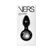 A black silicone vibrate plug by VERS, shown mounted on its white retail packaging card against a white background.