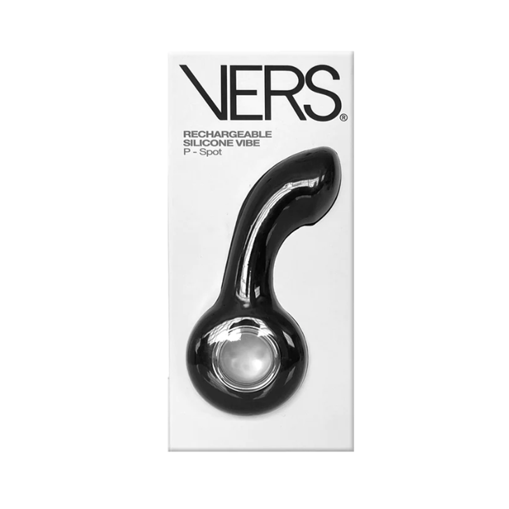 A black Vers Rechargeable Silicone Vibe P+ Spot vibrator in its original white retail packaging, featuring the black VERS logo.