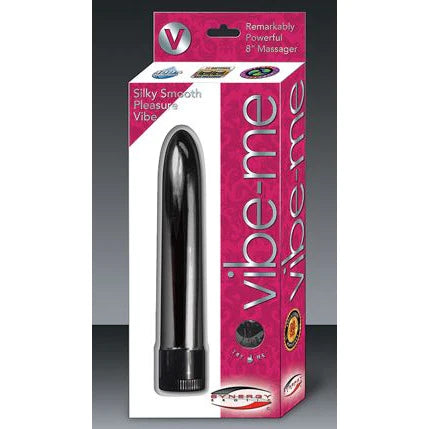 a pink and white box depicting a sleek shiny black vibrator with a black cap