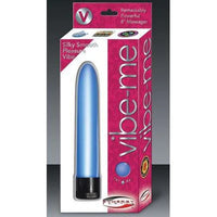 a pink and white box depicting a sleek shiny blue vibrator with a black cap