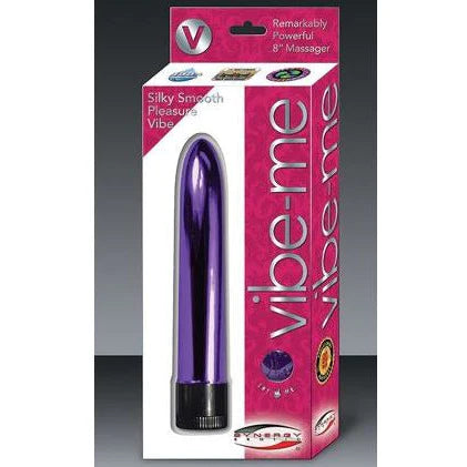 a pink and white box depicting a sleek shiny purple vibrator with a black cap
