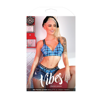 Blue plaid Bralette & cheeky panty set inside packaging.