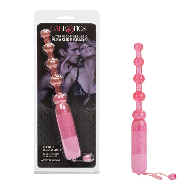 Pink waterproof vibrating pleasure beads with packaging on a white background