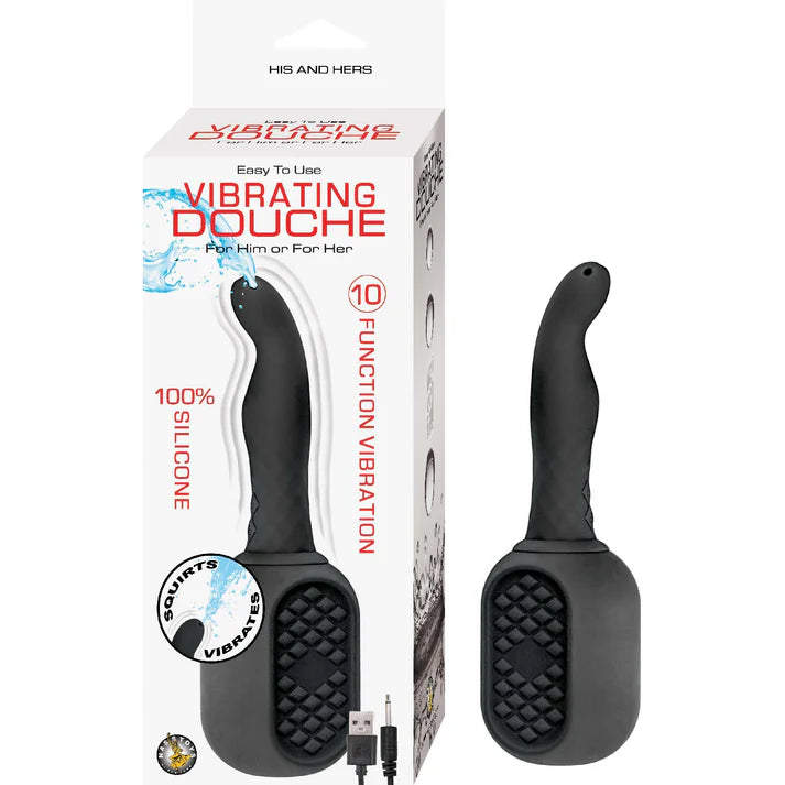 Black vibrating douche with packaging on a white background