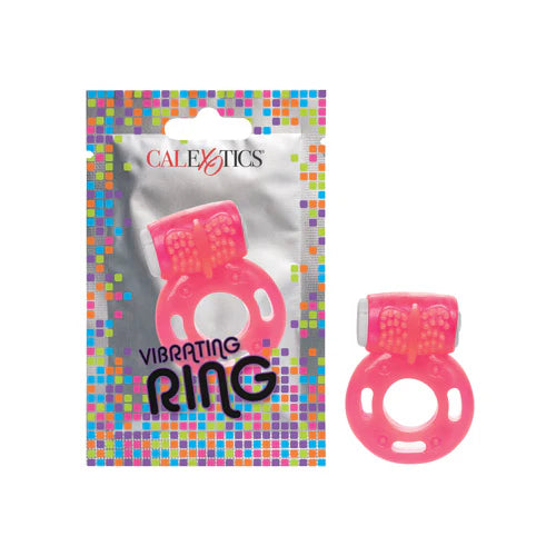 Pink vibrating ring with colorful packaging on a white background