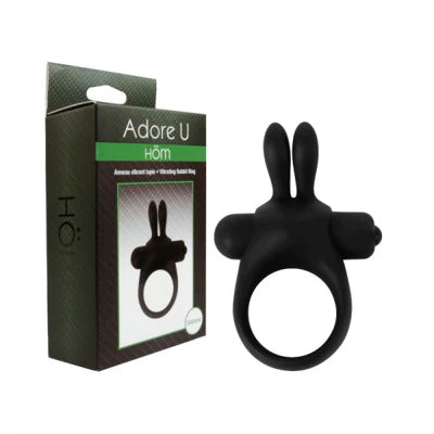 Black silicone vibrating rabbit cock ring with packaging labeled 'Adore U Hom' on a white background