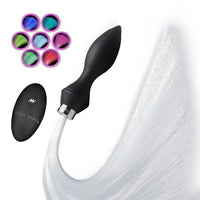 Black anal plug with white strands and colorful gel pods on a white background