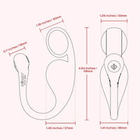 Technical dimension diagram of a curved hook-style vibrating egg, showing front and side profile measurements in inches and millimeters on a pale pink background.