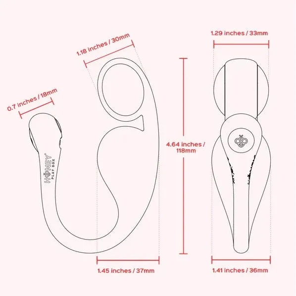 Technical dimension diagram of a curved hook-style vibrating egg, showing front and side profile measurements in inches and millimeters on a pale pink background.