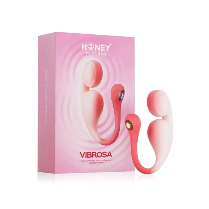 Honey Play Box Vibrosa dual-stimulation sex toy with its pink retail packaging box, shown on a clean white background.