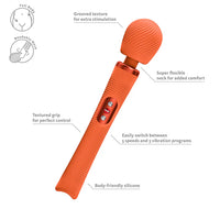 Orange handheld massager with text highlighting features on a white background
