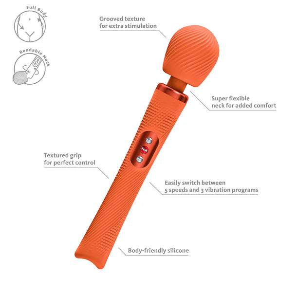 Orange handheld massager with text highlighting features on a white background