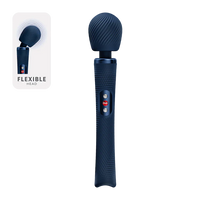 Blue handheld massager with packaging labeled 'Flexible Head' on a white background