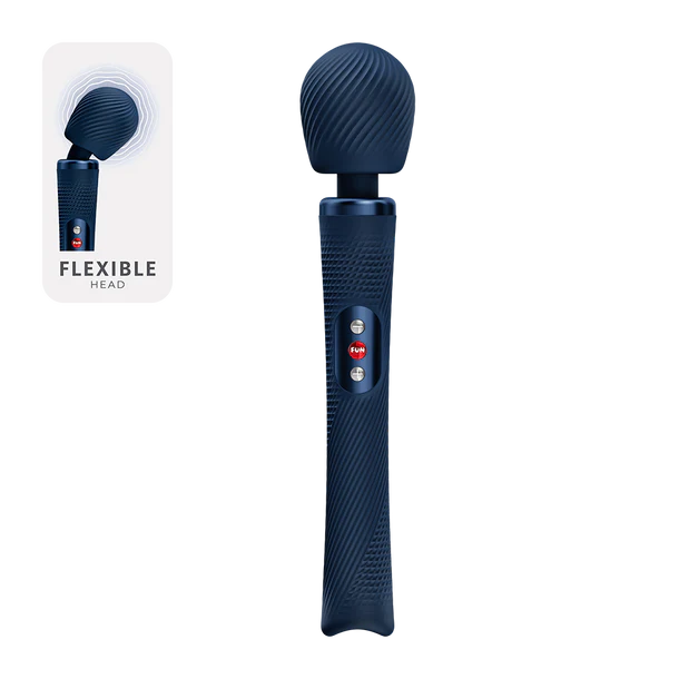 Blue handheld massager with packaging labeled 'Flexible Head' on a white background