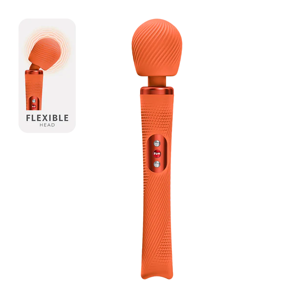 Orange massage wand with a flexible head feature on a white background