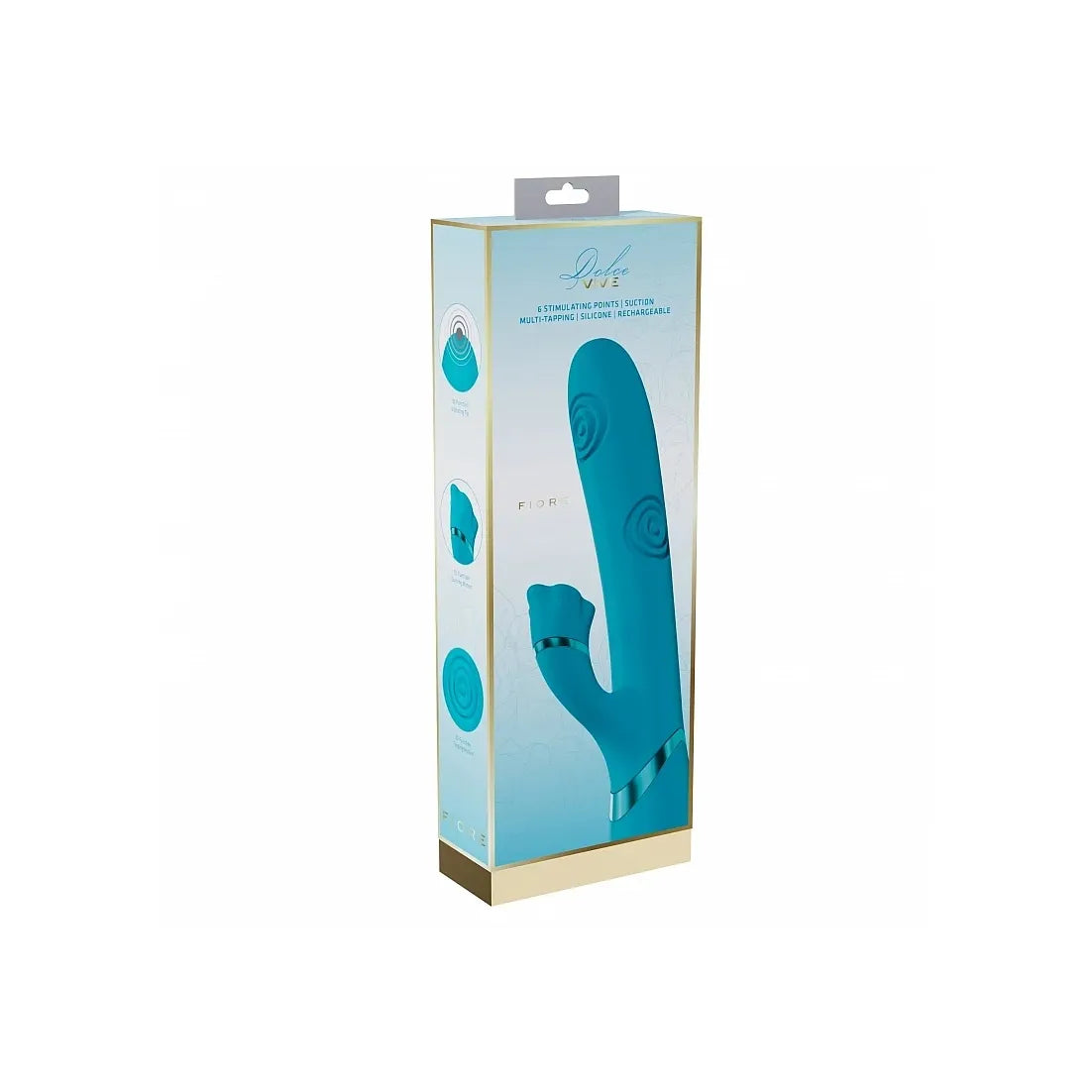 vive fiore vibrator with Product packaging with a blue design on a white background