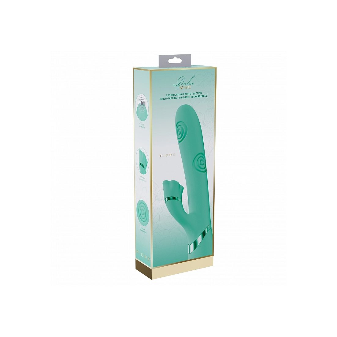 Teal and white packaging of a fiore vibrator with visible branding on a white background
