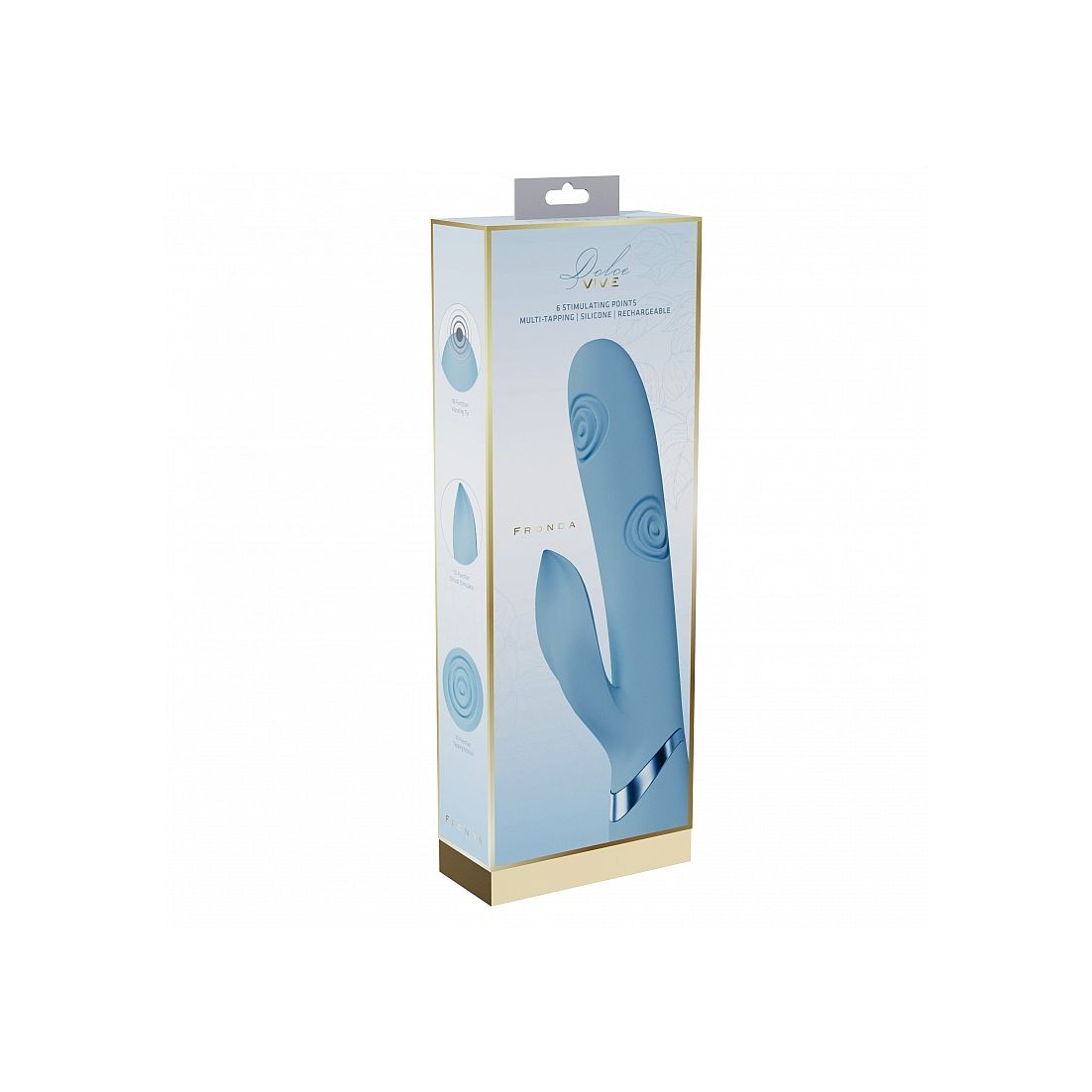 Blue vibrator device in a gold and white box on a white background