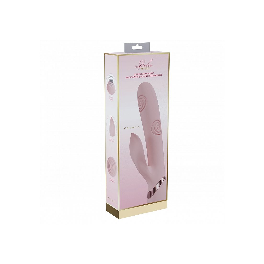 Pink vibrator device in packaging with visible brand name on a white background