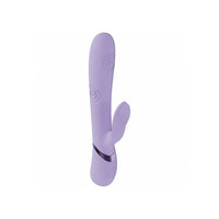 A lavender purple silicone personal massager with a curved shaft, textured spiral patterns, and a small side tab, shown on a plain white background.