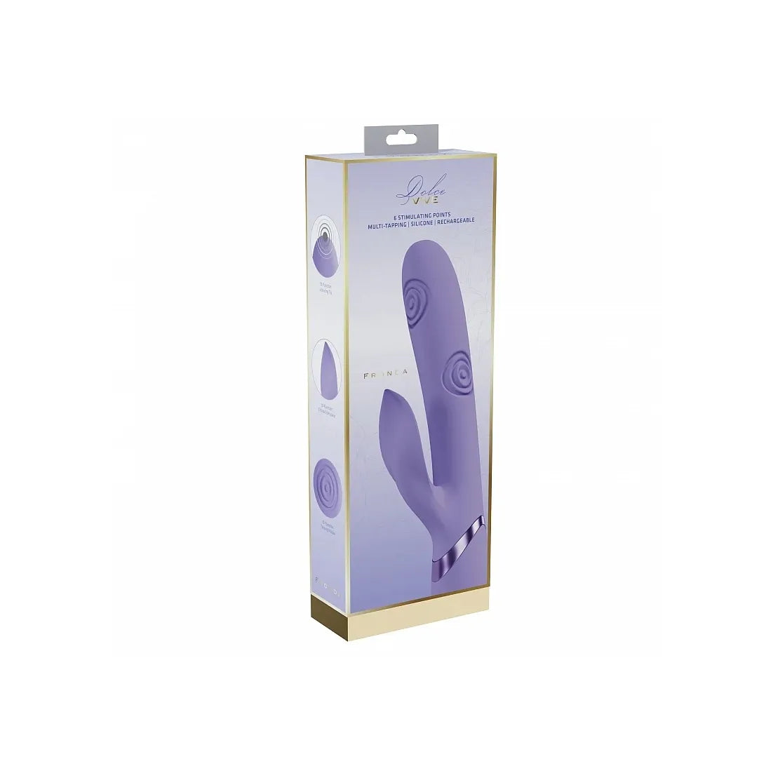 Purple vibrator device in a box packaging on a white background