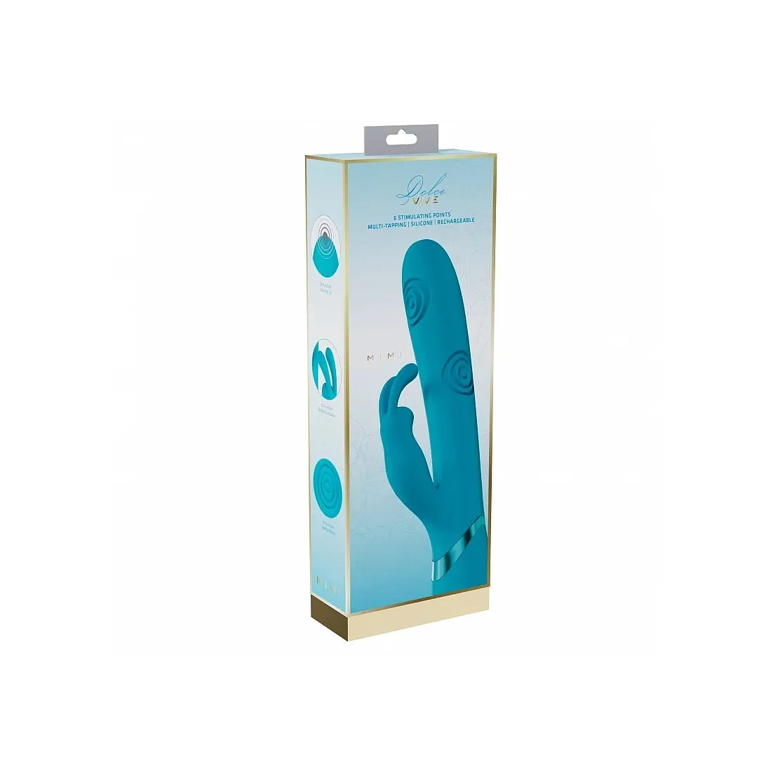 Blue vibrator product on packaging on a white background