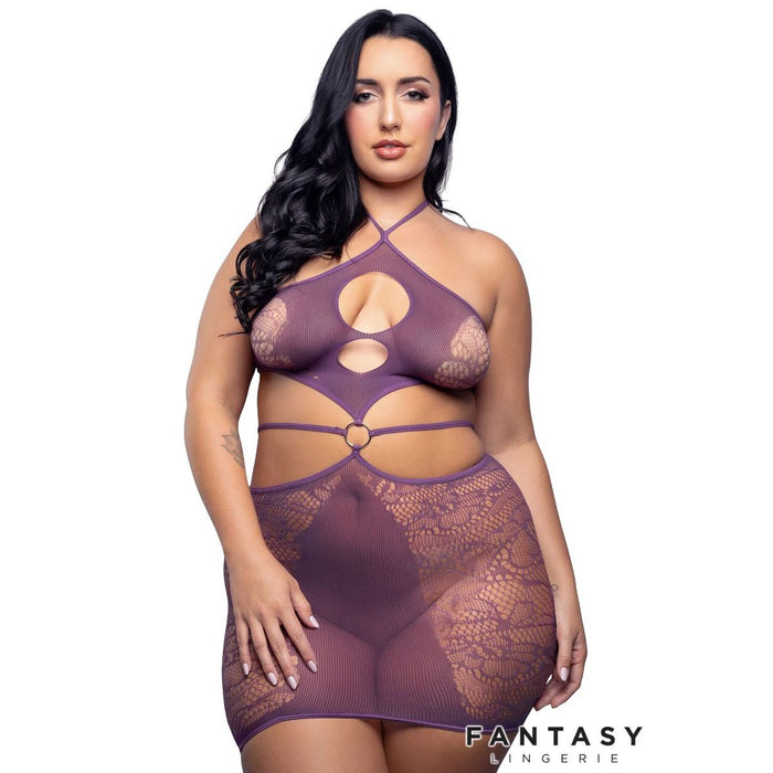 Woman wearing a purple lace lingerie set with 'Fantasy Lingerie' branding on a white background.