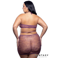 Woman wearing a lace lingerie set with 'Fantasy Lingerie' branding.