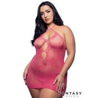 Woman wearing a pink fishnet lingerie dress with 'Fantasy Lingerie' branding.