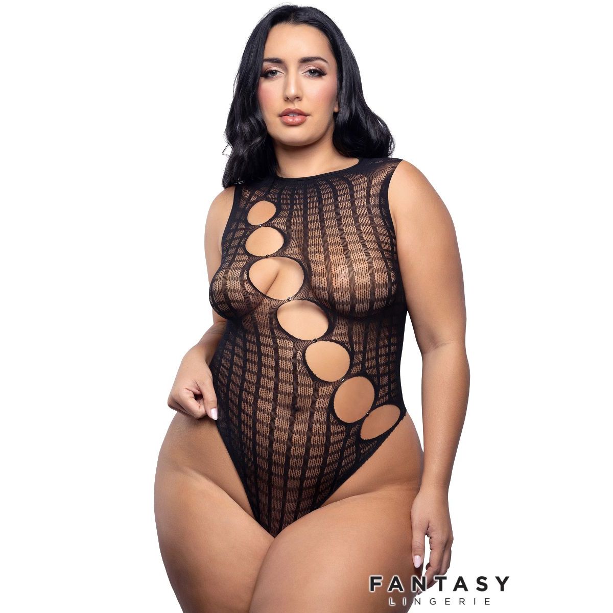 Model wearing a black mesh lingerie set with circular cutouts on a white background, branded 'Fantasy Lingerie'.