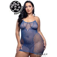 Woman wearing a blue fishnet lingerie dress with rhinestone accents, branded 'Fantasy Lingerie'.