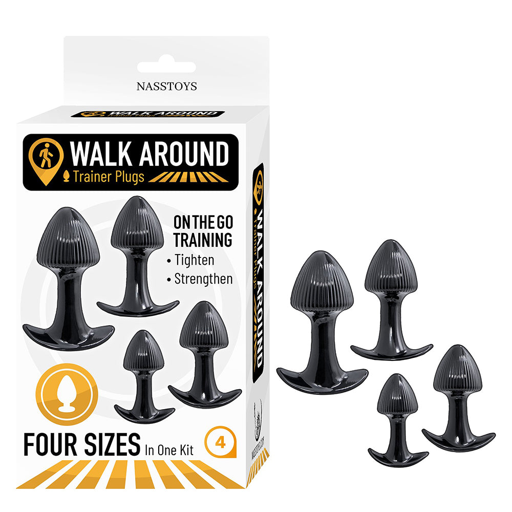 NassToys Walk Around Trainer Anal Plugs featuring four graduated sizes for progressive training, tapered ribbed tips for comfortable insertion, and wide curved bases designed for secure, wearable use.