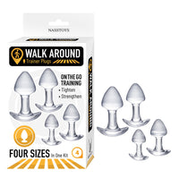 NassToys Walk Around Trainer Anal Plugs featuring four graduated sizes for progressive training, tapered ribbed tips for comfortable insertion, and wide curved bases designed for secure, wearable use.