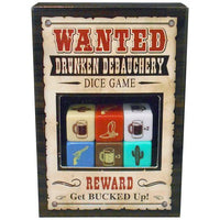 Dice game packaging with 'Wanted' theme and dice illustrations on a white background